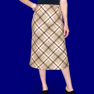 Vintage Eddie Bauer Tan Brown Plaid Wool Preppy Midi Skirt